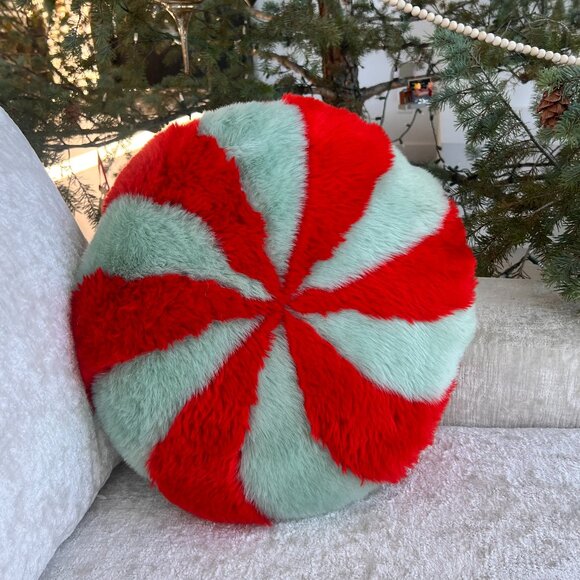 Discontinued Brand New Anthropologie Peppermint  Green&Red Faux Fur Pillow - Picture 4 of 5